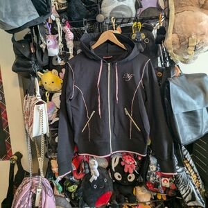 Y2K Nevada Pink Piping Rhinestone Logo Zip Hoodie